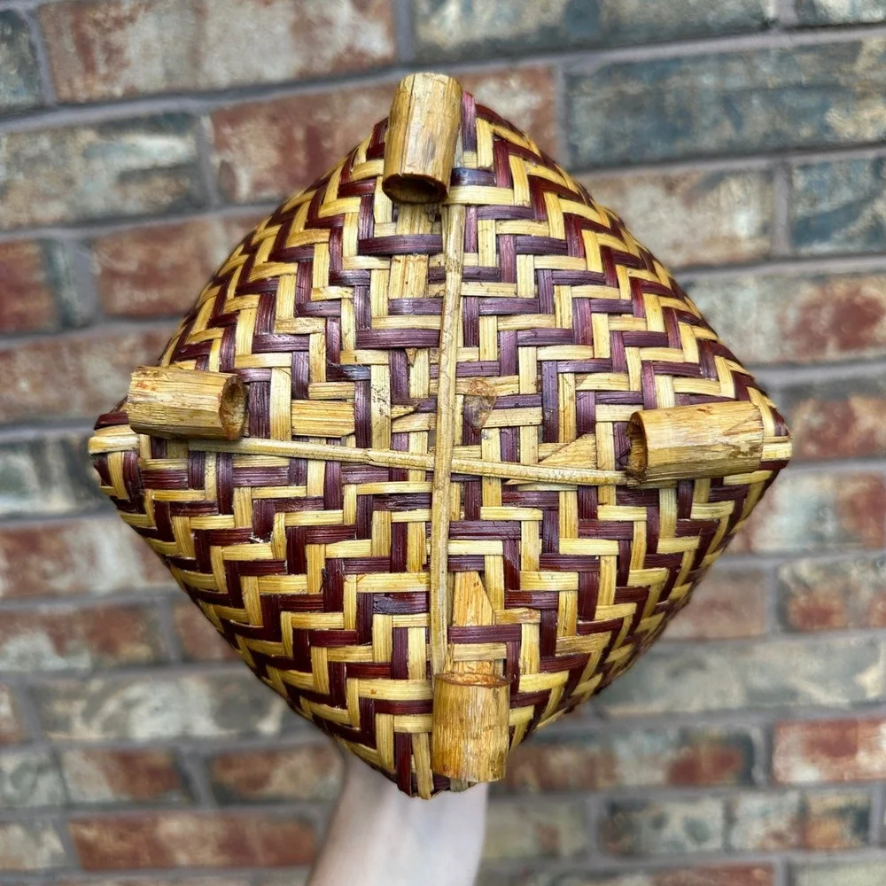 Vintage Woven Bamboo‎ Basket Two Tone Brown Natural Footed Decorative Pot Small